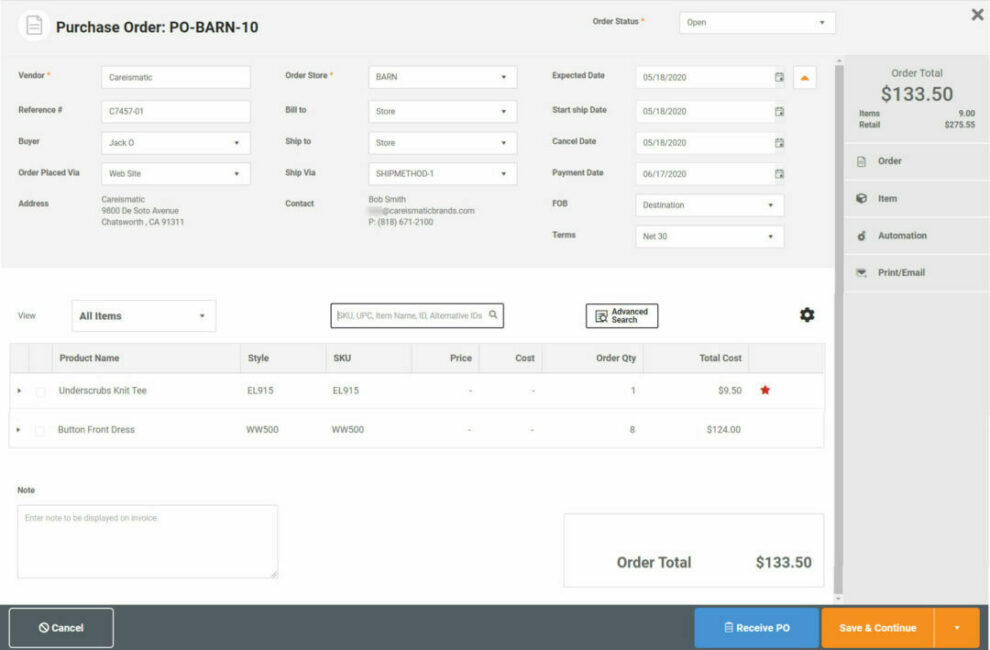 purchased orders in POS system